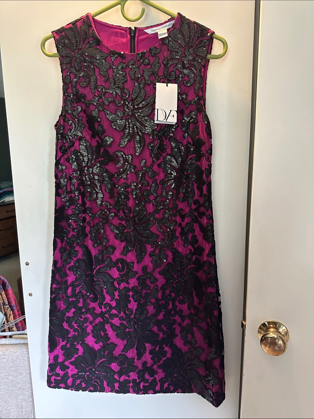 Diane Von Furstenberg Fuchsia Dress with Black Lace Overlay